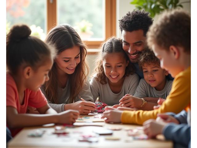 Lachende Eltern-Kind-Paare in einem hellen, freundlichen Raum bei einer gemeinsamen Bastelaktivität, symbolisiert Beziehungsaufbau.