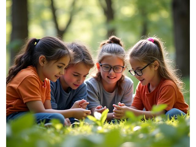 Kinder erforschen begeistert die Natur unter einem Baum, mit Lupen und Notizbüchern, symbolisiert Themen-Wochen.