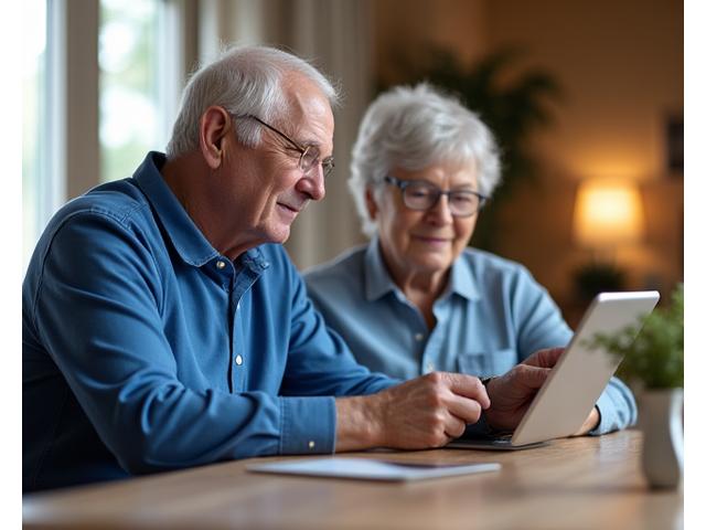 Eine Person erklärt einer älteren Person geduldig die Bedienung eines Tablets.