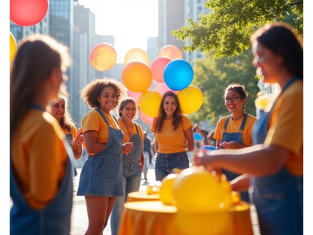 Eine Gruppe fröhlicher Menschen bereitet einen Stand für eine Benefizveranstaltung vor, im Hintergrund Ballons und Banner.