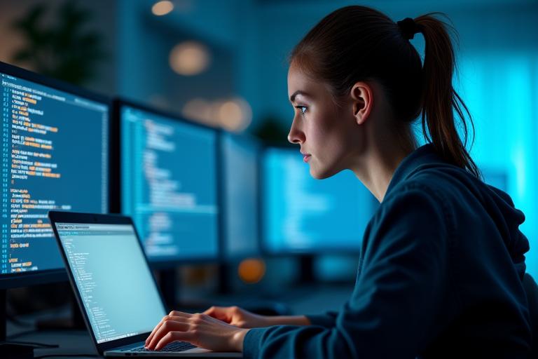 Eine junge Frau arbeitet konzentriert an einem Laptop, umgeben von Code auf mehreren Bildschirmen, symbolisiert ihre Rolle in der Tech-Branche.