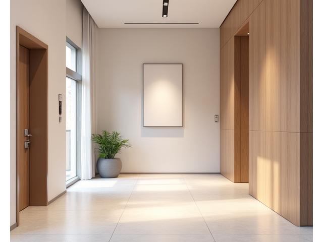 Der moderne, barrierefreie Eingangsbereich des Lichtblick Herzstifts mit einem Aufzug und freundlicher Beschilderung.