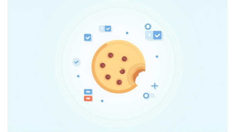 Ein stilisiertes Cookie-Icon umgeben von Zahnrädern und Häkchen, das Konfigurationsoptionen und Kontrolle darstellt. Im Hintergrund leicht transparente Schilde.