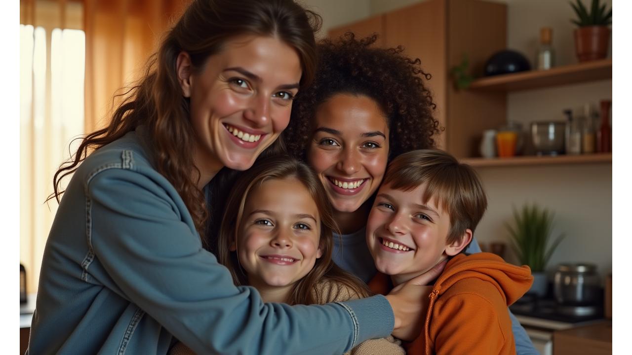 Glückliche Berliner Familie umarmt sich, symbolisiert Hilfe und Hoffnung