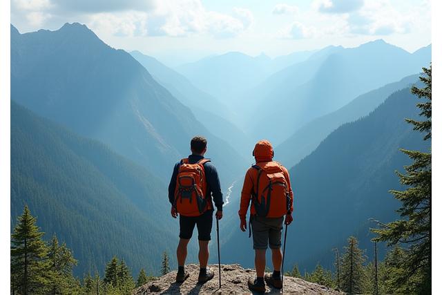 Zwei Wanderer auf einem Bergpfad mit atemberaubender Aussicht, symbolisiert Abenteuerreisen.